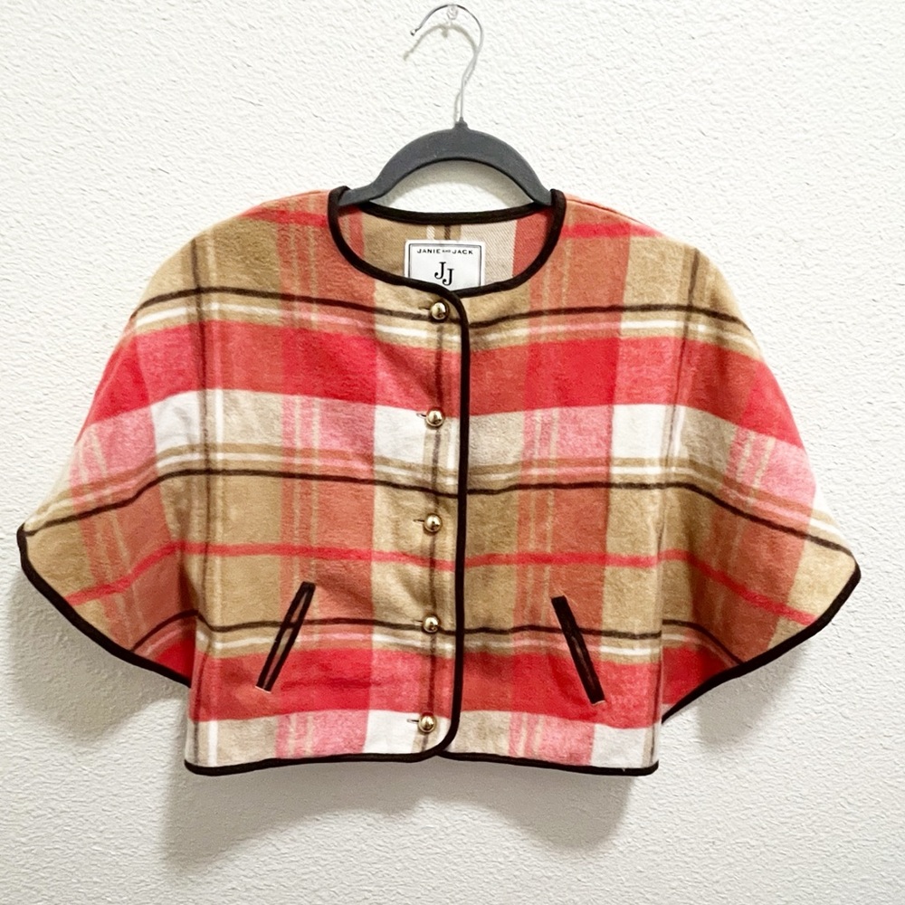 Janie & Jack Girls Tartan Pink Brown Tan Plaid Button Front Cape - Picture 2 of 8